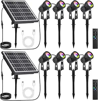 2 Set 4 in 1 RGB Solar Landscape Spot Lights Outdoor with Remote, Waterproof Solar Battery Powered Color Changing Outdoor Spotlights, Auto On/Off, for Garden Yard Path Driveway Walkway