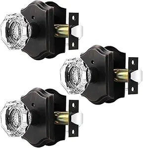 Orger Octagonal Crystal Door Knobs 3 Pack, Interior Privacy Door Handle for Bed/Bathroom with Pin Lock Inside, Oil Rubbed Bronze Vintage Rosette Door Knob with Heavy Duty Genuine Glass