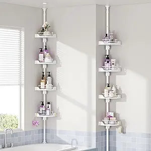 YCIA&DONE 360 Rotating Shower Caddy Tension Pole, 4 Tiers Corner Shower Organizer for Bathroom Shelf Bathtub, Adjustable Standing Shower Rack, Easily Assemble, 34-124 Inch Height, White