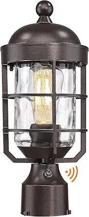 Emliviar Oil Rubbed Bronze 14" Outdoor Lamp Post Lighting with Photocell Sensor, Water Ripple Glass Modern Post Lantern for Yard, Dusk to Dawn Pole Light, GE255P-L-PC ORB-WG