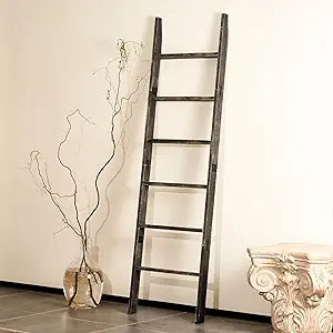 Blanket Ladder for The Living Room 6-Tier, Wooden Decorative Quilt Holder for Bed Room, Wall-Leaning Wood Towel Rack for BathroomRustic Farmhouse Ladders for Display.(Black Wash)