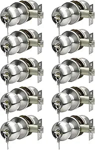 Door Knob with Lock and Keys, Ball Stainless Steel Entry Door Lock with Keyed,Exterior/Interior Door Handles for Bedroom or Bathroom,Satin Nickel,(10Pack)