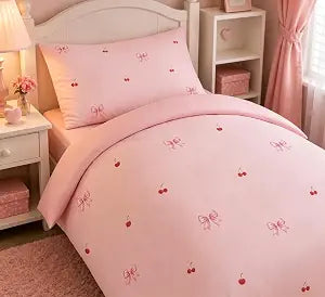 CCoutueChen Pink Twin Comforter Set - Kids Bedding Set for Girls, 2Pcs | Pink Bow Bedding Set with Cherry Pattern, Lightweight Down Comforter for All Season, 100% Washed Microfiber