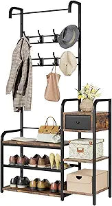 Gyabnw Hall Tree Entryway Coat and Shoe Rack,5-in-1 Coat Rack Storage Rack,Mudroom Bench with 5 Shelves and 8 Hooks, 1 Storage Drawer,for Entryway, Small Spaces, Bedroom, Brown