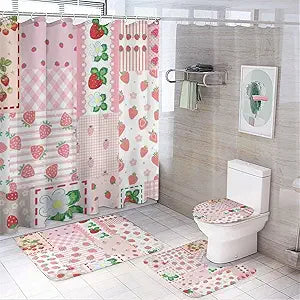 Brebasf Pink Art Modern Strawberry 4 Pcs Waterproof Shower Curtain Set,Watercolor Spring Garden Florals Tropical Fruit Strawberry with Waterproof Toilet Cover Shower Mat Rugs