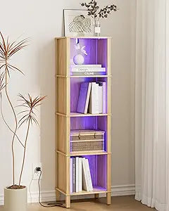 Bookshelf with LED Lights, Modern 4-Tier Bookcase, Open Storage Book Shelf, 11  14.2  50.4 Inches, Small Narrow Bookshelves for Living Room, Home Office, Bedroom, Natural