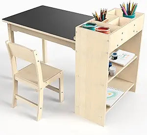 doowroodni Kids Art Table and Chair Set, Sturdy Beech Wood Study Desk for Childrens Drawing, Learning & Play - Multi-Functional Activity Table for Home,Toddler Desk with Storage and 1 Chair