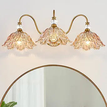 Vintage Bathroom Vanity Light, 3-Light Matte Brass Finish Vanity Light with Flower-Shaped Amber Glass Shades, Retro Wall Sconce for Bathroom, Dressing Table