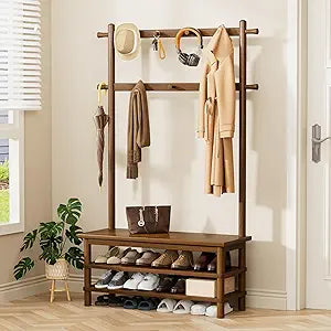 Hall Tree with Shoe Storage Bench, 3-in-1 Entryway Coat Rack with Bench, 11 Hooks, Freestanding Wooden Entryway Organizer for Mudroom, 35" Long