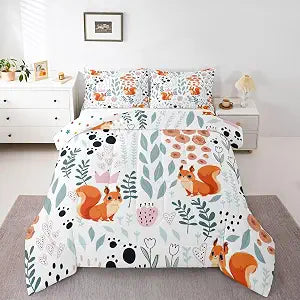 Erosebridal Kawaii Squirrel Bedding Set Twin,Cartoon Squirrel Comforter Set for Kids Girls Boys,Cute Love Heart Leaf Flower Comforter Set,Paw Print Wildlife Animals Quilt Bed Set with 1 Pillow Case