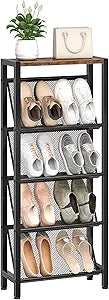 CHOEZON Shoe Rack, 5-Tier Slanted Shoe Rack, Narrow Shoe Storage Shelf, Slim Shoe Organizer for Entryway, Space-Saving, Wooden Top and Metal Frame, for Entryway, Hallway Rustic Brown and Black TXJ03BF