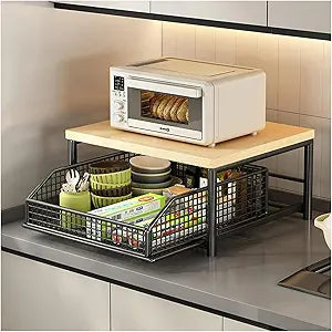 Kitchen Microwave Cart, Small Kitchen Shelf Microwave Stand with Bottom Storage Basket, No Wheels, Storage Microwave Shelf for Office, Living Room, Bedroom(Black,S)