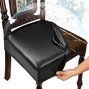 Waterproof Dining Chair Seat Covers Leather Kitchen Seat Covers, Stain Resistant Stretch Chair Seat Covers for Dining Room Chairs Set of 6, Rear Covered Washable Dining Chair Covers Black