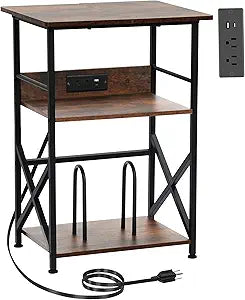 DALEMHOME Record Player Stand with Charging Station, 3-Tier Side Table for 100 Vinyl Storage, End Table for Living Room, Bedroom, Rustic Brown HKET1002BR