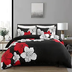 Menghomeus Queen Comforter Set, 3 Piece Black/Red Floral Bedding Sets