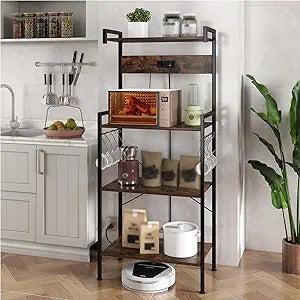 COSTWAY 4-Tier Kitchen Baker's Rack on Wheels, Industrial Utility Storage Shelf with Metal Frame, 3 Hooks, 4 Universal Wheels, Freestanding Microwave Stand for Kitchen, Living Room