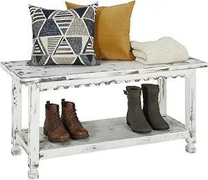 Country Cottage 36-Inch Farmhouse Entryway Bench with Storage Shelf  Solid Pine Wood Bench in Distressed White for Hallway, Bedroom, or Mudroom by Alaterre Furniture