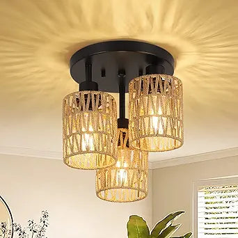 3-Lights Boho Light Fixtures Ceiling Mount, Farmhouse Rattan Chandelier, Hand Woven Cage Shade Semi Flush Mount Ceiling Lights for Bedroom Foyer Entryway Kitchen, Hallway Rattan Light Fixtures Ceiling