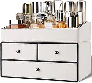 GORESE Leather Makeup Organizer with Drawers for Vanity, Stackable Skincare Holder Dresser Organizer Countertop, Make Up Storage Organizers Counter Cosmetic Display Case Gifts for Women(Cream White)
