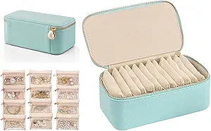 VLANDO Travel Jewelry Box Organizer  Portable PU Leather Jewelry Case with 6/8/12 Zippered Pouches, Compact Storage for Earrings Rings Necklaces Bracelets, Aqua Blue