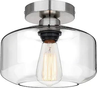 MAXvolador Industrial Semi Flush Mount Ceiling Light Brushed Nickel, Clear Glass Pendant Lamp Shade Farmhouse Lighting Hallway, Hanging Light Fixture