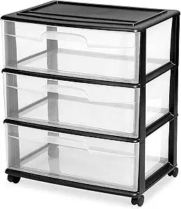 HOMZ Drawer Tower, 3-Tier Wide Clear Plastic Storage Organizer Cart, Black Frame - Organizing Containers with Wheels for Home, Bathroom, Bedroom, Office, and Classroom
