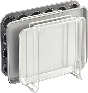 mDesign X-Large Steel Storage Tray Organizer Rack for Kitchen Cabinet - Divided Holder with 5 Slots for Skillets, Frying Pan, Pot Lids, Cutting Board, Baking Sheets - Concerto Collection - White