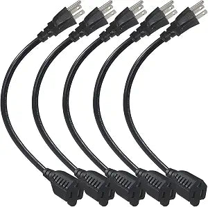 1FT Short Power Extension Cord 1FT - Short 3 Prong Extension Cord Outlet Saver Indoor SJT 16 AWG Heavy Duty 1 Foot AC Power Extensions Cable with NEMA 5-15P to NEMA 5-15R Connector (5PACK)