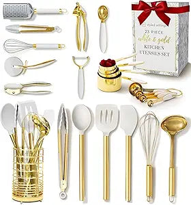 White and Gold Kitchen Utensils Set - 23-Piece Gold Kitchen Accessories Include Measuring Cups and Spoons Set, Silicone Utensils, and Utensil Holder for Baking, Cooking, and Stylish Kitchen Decor