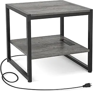 Homieasy End Table with Charging Station, 20" Mini Fridge Stand with Power Outlets, Heavy Duty Side Table for Living Room, Small Table Stand & Fridge Table, Black Oak