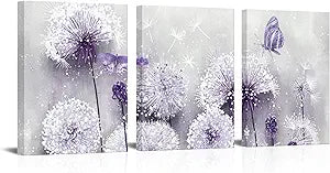 iHAPPYWALL 3 Pieces Lavender Dandelion Canvas Wall Art Abstract Wish Flower Butterfly Picture for Bathroom Bedroom Kitchen Wall Decor Ready to Hang 12x16inchx3pcs (Purple)