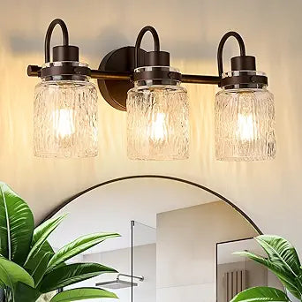 3 Lights Bathroom Vanity Light, Oil Rubbed Bronze Bathroom Light Fixtures with Hammered Glass Lampshade for Dressing Table,Over Mirror,Hallway