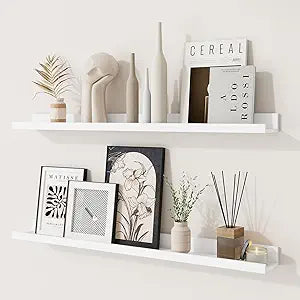 RICHFOCUS Picture Ledge Shelf, 30 inch Floating Shelves Set of 2, Wood Wall Shelves with Lip, Wall Decor Storage for Bedroom Living Room Bathroom Kitchen Nursery Photo Picture, White