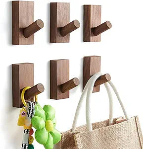 Felidio Natural Wooden Wall Hooks, Adhesive & Screw Mount Coat and Towel Hooks - Decorative Key Holder, Hat Rack, Stocking Wall Hangers for Bathroom Entryway Closet - 6 Pack, Walnut Wood