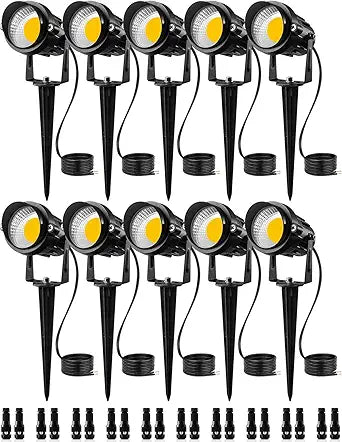 SUNVIE 12W Low Voltage LED Landscape Lights with Connectors, Outdoor 12V Super Warm White (900LM) Waterproof Garden Pathway Lights Wall Tree Flag Spotlights with Spike Stand (10 Pack with Connector)