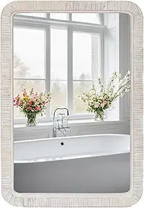 FUIN 20" x 30" Rattan Wicker Rectangle Wall Mounted Bathroom Mirror for Coastal Boho Nursery Decor, White Wash