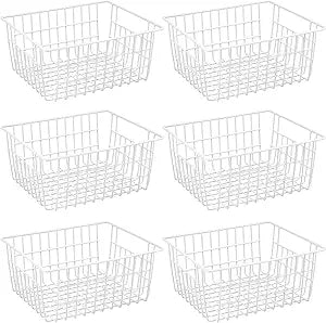 15.2" Metal Wire Baskets for Organizing 6 Pack, Household Pantry Storage Freezer Organizer Bins with Handles, Freezer Baskets for Upright Freezer, Refrigerators, Kitchen Cabinets, White