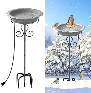 Heated Bird Baths for Outdoors, 100W Heated Birdbath Bowl for Outdoors for Winter with 5-Prong Metal Base Thermostat Control, Heated Bird Bath for Outside Winter Garden Patio Yard Lawn (Gray)