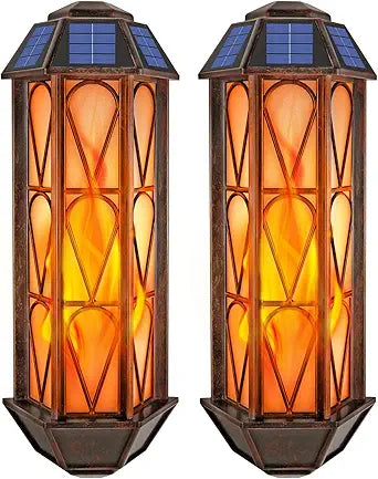 Solar Flame Wall Sconce Lights Outdoor, 74 LED Flickering Flame Sconces, Solar Powered Auto On/Off, Waterproof Wall Lanterns for House Garage Doorway Garden Porch Patio Yard Decoration (2 Pack)