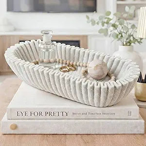 Large Decorative Bowl for Home Decor Long Dough Key Bowls Coffee Table Decor Centerpiece White Ruffle Scalloped Resin Modern Handicraft Bowl for Kitchen Counter Farmhouse Entryway