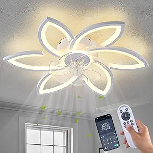 Modern 30" Ceiling Fan with Light, Low Profile Flush Mount Fandelier, Dimmable LED Ceiling Fan with Remote, 6-Speed Quiet Motor, Flower Design for Bedroom Living Room Kitchen (White)