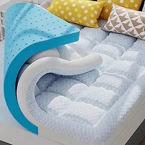 BDEUS 4 Inch Dual Layer Memory Foam Mattress Topper Queen Size, 2 Inch Gel Memory Foam, 2 Inch Cooling Pillow Top Mattress Pad Cover for Back Pain & Hot Sleeper