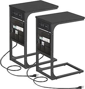 TUTOTAK C Shaped End Table with Charging Station, Side Table for Sofa, Couch Table with Storage Bag, Set of 2, TV Tray Table with 2 USB Ports and Outlets for Living Room, Bedroom, Black TB01BK0242