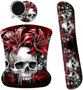 3Pcs Ergonomic Memory Foam Keyboard Wrist Rest Pad Set, Red Flower Skull