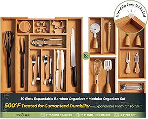 keechee 6-Piece Bamboo Drawer Organizer Set, 2.2" Deep Multi-Use Organizers for Utensils, Silverware, Cutlery, Desk, Bathroom, Junk Drawer & Makeup, Non-Slip Feet Included.