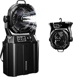 Wilody Misting Fan with Remote Control, Camping Fan Portable with LED Light & Stepless Speed Control & Cooling Spray with 6L Bucket, Timer Function, Portable Handle