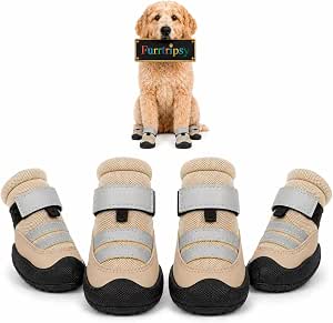 Dog Boots, Waterproof Dog Shoes with Reflective Straps, Rugged Anti-Slip Sole Paw Protectors for Medium Large Dogs, Breathable Pet Booties for Hot Pavement, Snow, Hiking, 4Pcs