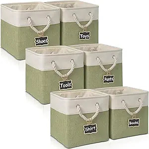 12 inch storage bins[6 Pack],Cube Storage Organizer Bins with Rope Handles, Eco-Friendly Linen Collapsible Organizers for Closet, Nursery, Toys, Office, Bathroom  Dual Color Design.(White&Green)