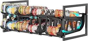 iSPECLE Expandable Can Organizer for Pantry, Large Capacity 60 Cans Can Storage Organizer Pantry Rack, Auto Rolling Dispenser & Stackable Metal Wire Holder for Deep Pantry Shelves, Black