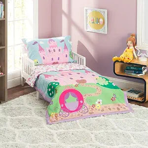 EVERYDAY KIDS 4 Piece Toddler Bedding Set -Princess Storyland- Includes Comforter, Flat Sheet, Fitted Sheet and Reversible Pillowcase